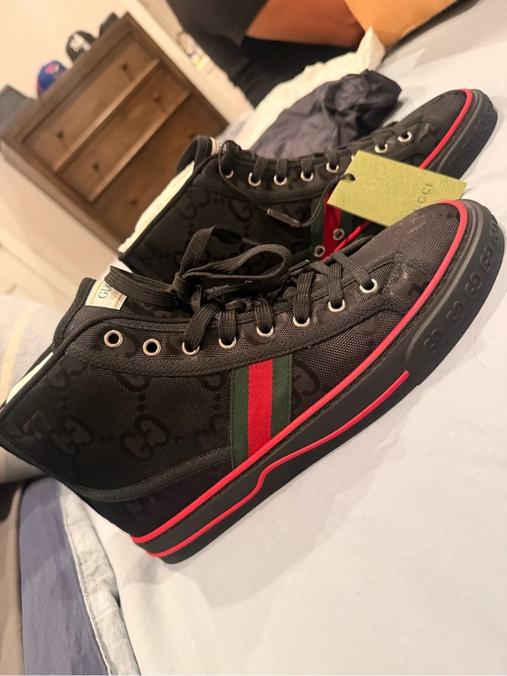 Gucci Black High-Top Sneaker with Red and Green Web Stripe